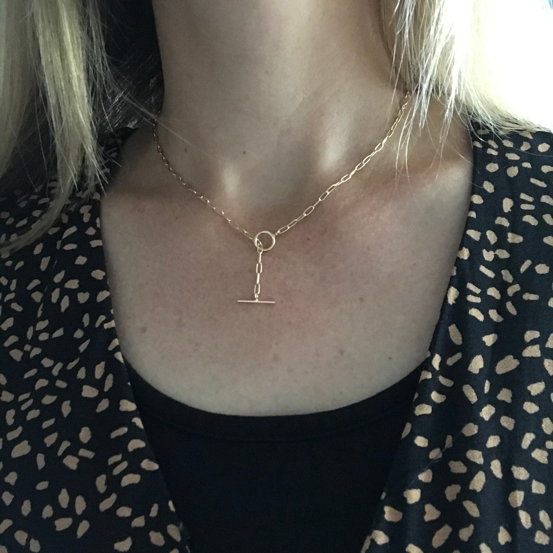 Gold Plated Sterling Silver T-bar Necklace | Dainty Oval Chain 