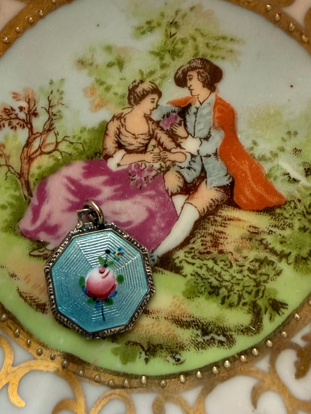 Guilloche Enamel Blue Pink Rose Sterling Silver Spiderweb Octagonal ...