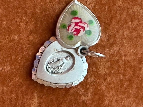 Guilloche Enamel Miraculous Medal Heart Charm Madonna