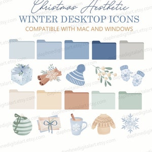 May include: A set of 16 winter-themed desktop icons featuring illustrations of gifts, cinnamon sticks, a winter hat, mistletoe, mittens, folders, an ornament, letters, a mug of hot chocolate, a sweater, and a snowflake. The icons are in a light blue, beige, and green color palette.