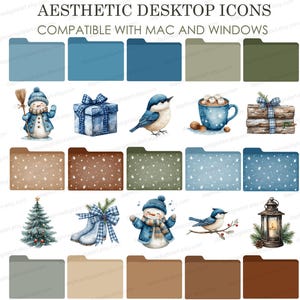 May include: Aesthetic desktop icons with a Cute Forest Christmas theme. The image features folders and illustrations of a snowman, bird, gift, hot cocoa, Christmas tree, and lantern. Compatible with Mac and Windows.