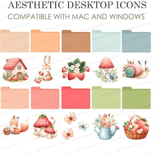 Puede incluir: Un conjunto de 12 iconos de escritorio estéticos con fresas de primavera, una casa, un conejito, un caracol, un hongo, un pájaro, un zorro, mariposas y una regadera. Los iconos son compatibles con Mac y Windows.