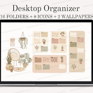 Desktop Icons , Desktop Wallpaper Organizer, MacBook Folder Icons, Mac Windows Beige Aesthetic Wallpaper , Boho Plants