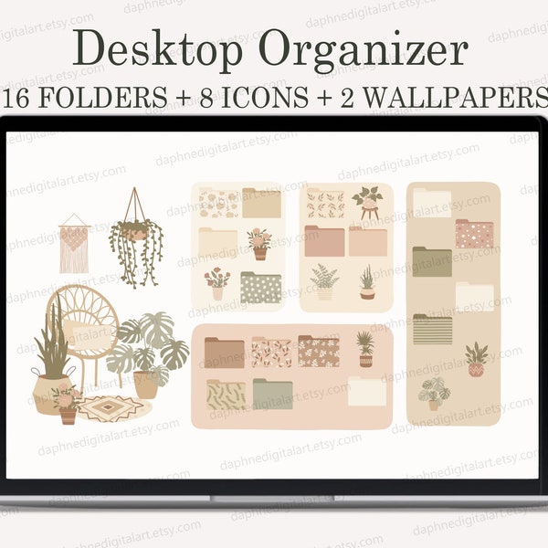 Icone del desktop, Desktop Wallpaper Organizer, Icone delle cartelle MacBook, Mac Windows Beige Sfondo estetico, Boho Plants