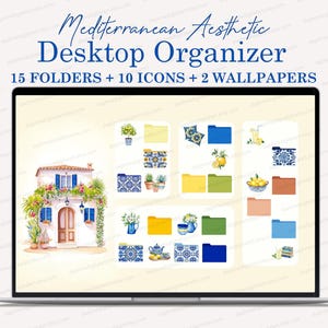 May include: A laptop screen displays a desktop organizer with a Mediterranean aesthetic. The screen shows 15 folders, 10 icons, and 2 wallpapers. The design includes watercolor illustrations of a house, plants, and decorative elements.
