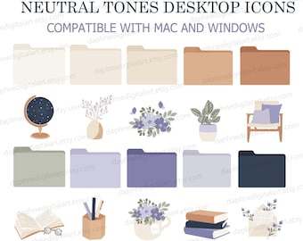 May include: A set of digital desktop icons in a neutral color palette with a cozy home aesthetic. The icons include folders, a globe, a vase with flowers, a potted plant, a chair, a book, a cup of coffee, and an envelope. The icons are compatible with Mac and Windows.