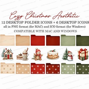 May include: Digital image of desktop folder icons with a Christmas theme. The image includes 12 folder icons and 6 desktop icons in PNG and ICO formats, compatible with Mac and Windows. The text reads 'Cozy Christmas Aesthetic'.