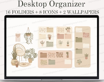 Desktop Icons , Desktop Wallpaper Organizer, MacBook Folder Icons, Mac Windows Beige Aesthetic Wallpaper , Boho Plants