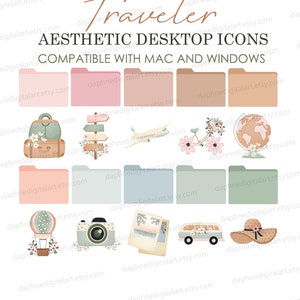 May include: A set of 10 aesthetic desktop icons featuring travel-themed illustrations. The icons are in a folder shape and are compatible with Mac and Windows. The illustrations include a suitcase, a hot air balloon, a camera, a globe, a vintage van, a hat, a bicycle, a plane, a signpost, and a postcard.