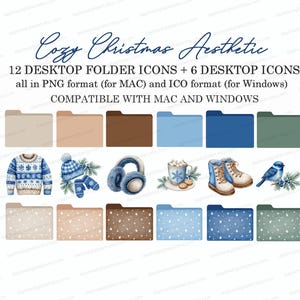Könnte beinhalten: Ein digitaler Kunstdruck mit Desktop-Ordner-Symbolen und winterlichen Illustrationen. Das Bild enthält Ordner in verschiedenen Farben sowie Illustrationen eines Pullovers, einer Mütze, Ohrenschützern und Stiefeln. Der Text lautet "Cozy Christmas Aesthetic".