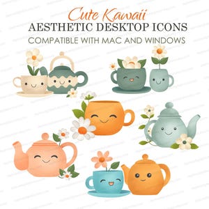 May include: Cute Kawaii Aesthetic Desktop Icons Compatible with Mac and Windows. A set of 8 digital icons featuring teapots and teacups with smiling faces and flowers. The icons are in pastel colors, including blue, green, orange, and pink.