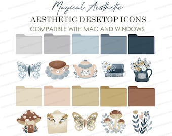 May include: A set of 12 digital desktop icons featuring a whimsical aesthetic. The icons are in various pastel colors and feature illustrations of butterflies, teacups, teapots, books, flowers, mushrooms, and a house. The icons are compatible with both Mac and Windows operating systems.