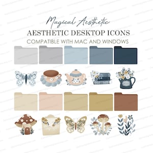 Puede incluir: Un conjunto de 12 iconos de escritorio digitales con una estética caprichosa. Los iconos son de varios colores pastel y presentan ilustraciones de mariposas, tazas de té, teteras, libros, flores, setas y una casa. Los iconos son compatibles con los sistemas operativos Mac y Windows.