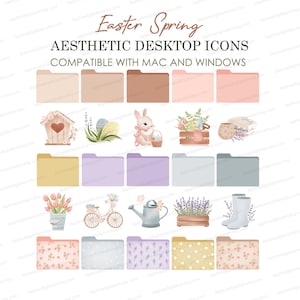 May include: A set of 16 digital desktop icons featuring an Easter and spring theme. The icons include images of a birdhouse, a bunny, a watering can, a bicycle, tulips, lavender, and a pair of rain boots. The icons are compatible with Mac and Windows operating systems.