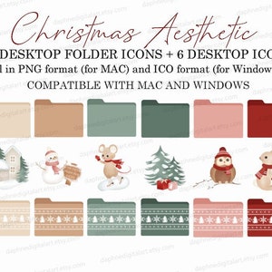 Könnte beinhalten: Ein Satz von 18 Weihnachts-Desktop-Ordner-Icons im PNG- und ICO-Format. Die Icons zeigen verschiedene winterliche Designs, darunter einen Schneemann, eine Maus auf Schlittschuhen, ein schneebedecktes Haus, eine Tanne, eine Eule und ein Kaninchen. Die Icons sind sowohl mit Mac- als auch mit Windows-Betriebssystemen kompatibel.