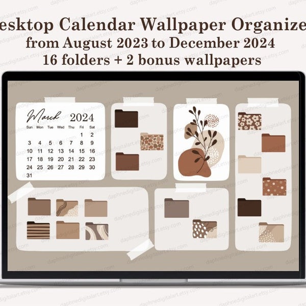 Desktop Wallpaper Organizer Calendar 2024, Mac & Windows Desktop Folder Icons, Natural Minimal Wallpaper, Coffee computer organizer, Boho