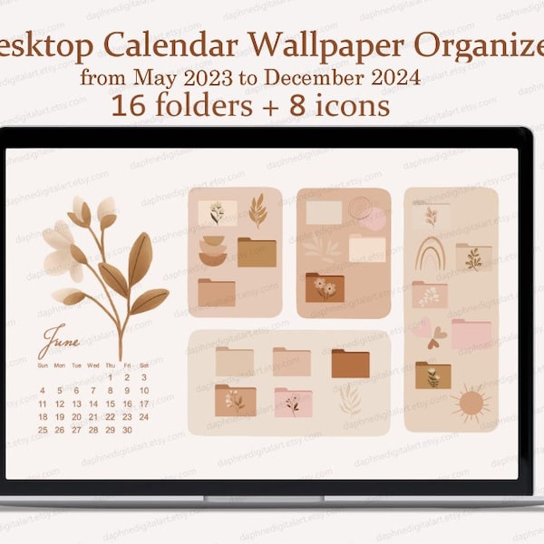 Desktop Wallpaper Organizer mit Kalender 2024, Mac Windows Organizer, Mac und Windows Desktop Ordner Icons, Natürliche Minimal Wallpaper