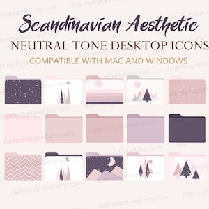 May include: A set of 12 neutral-toned desktop folder icons featuring Scandinavian-inspired designs. The icons include patterns like stars, mountains, trees, and geometric shapes in shades of pink, purple, and gray.