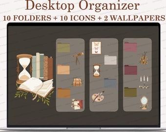 May include: A laptop screen displaying a desktop organizer with 10 folders, 10 icons, and 2 wallpapers. The folders are brown, red, and green. The icons include a book, hourglass, telescope, butterfly, paintbrush, and candles. The wallpapers are a brown background with a book, hourglass, and leaves, and a brown background with a mirror and candles.