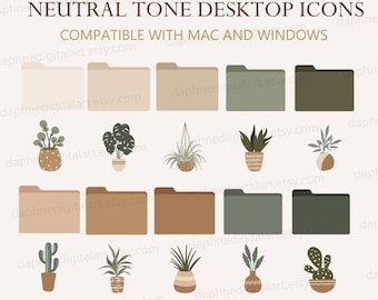 Desktop Icons , Desktop Wallpaper Organizer, MacBook Folder Icons, Mac Windows Beige Aesthetic Wallpaper, Houseplants , Boho plants design