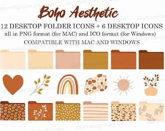May include: A set of 18 digital folder icons in a boho aesthetic. The icons feature various patterns and designs, including hearts, rainbows, sun, leaves, and geometric shapes. The icons are in PNG and ICO format, compatible with Mac and Windows.