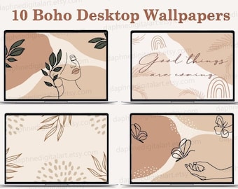 Boho skrivbordsbakgrund, Laptopbakgrund, Macbook-bakgrund, Varm neutral boho-bakgrund, Modern tapet, Grön bakgrund