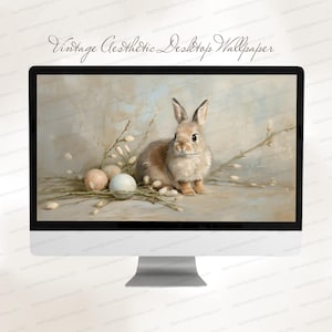 Fondo de pantalla de conejito de Pascua, pintura al óleo de conejo primaveral, fondo de computadora con estética vintage neutra, descarga digital, arte para Mac y Windows.