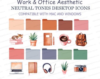 May include: A set of 18 watercolor desktop icons in neutral tones. The icons include folders, a laptop, a notebook, a coffee cup, a backpack, a plant, headphones, and a camera. The icons are compatible with Mac and Windows.