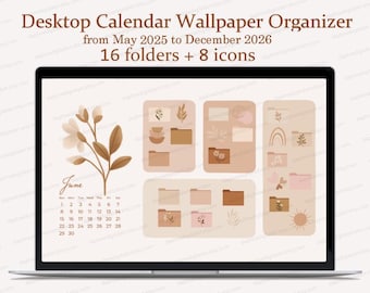 Desktop Wallpaper Organizer with Calendar 2026, Mac Windows Organizer, Mac and Windows Desktop Folder Icons, Natural Minimal Wallpaper