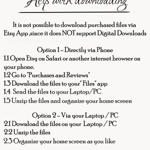 Puede incluir: Una imagen en blanco y negro con texto que explica c&oacute;mo descargar archivos comprados en Etsy. La imagen explica que la aplicaci&oacute;n Etsy no admite descargas digitales y ofrece dos opciones para descargar archivos: directamente a trav&eacute;s del tel&eacute;fono o a trav&eacute;s de un port&aacute;til/PC.