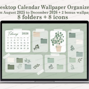 Calendario organizador de fondos de escritorio 2026, iconos de carpetas de escritorio para Mac y Windows, fondo de pantalla minimalista de plantas verdes, trabajos universitarios de estudiantes.