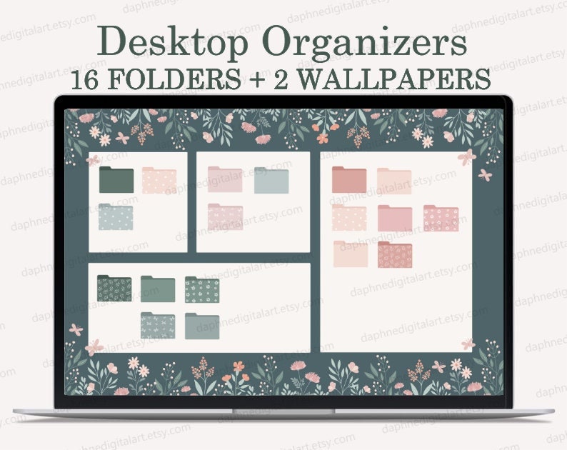 Puede incluir: Una pantalla de computadora port&aacute;til que muestra un organizador de escritorio con 16 carpetas y 2 fondos de pantalla. Las carpetas son de varios tonos de verde y rosa con patrones florales. Los fondos de pantalla presentan un borde floral con mariposas y hojas sobre un fondo verde oscuro. El texto en la pantalla dice "Desktop Organizers 16 FOLDERS + 2 WALLPAPERS".