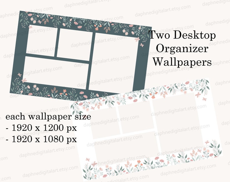 Puede incluir: Dos fondos de pantalla digitales para organizador de escritorio con un borde floral en tonos de rosa y verde. Cada fondo de pantalla es de 1920 x 1200 p&iacute;xeles o 1920 x 1080 p&iacute;xeles.