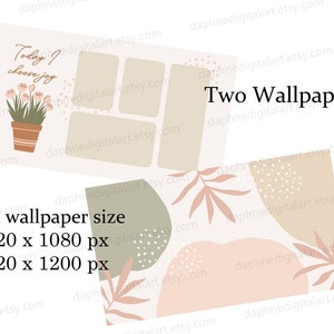 May include: Two digital desktop wallpapers. The first wallpaper features a potted plant with pink flowers and the text "Today I choose joy". The second wallpaper features abstract shapes in beige, pink, and green with a leaf design. Each wallpaper is 1920 x 1080 pixels or 1920 x 1200 pixels.