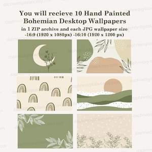 May include: Set of 10 digital desktop wallpapers in a bohemian style. The wallpapers feature hand-painted illustrations in muted tones of green, brown, and beige. The designs include a crescent moon, rainbows, abstract shapes, and foliage.