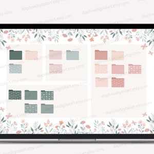 Puede incluir: Un fondo de escritorio digital con un borde floral y un conjunto de iconos de carpetas en varios colores y patrones. Los iconos de carpetas son en tonos de rosa, verde y azul.