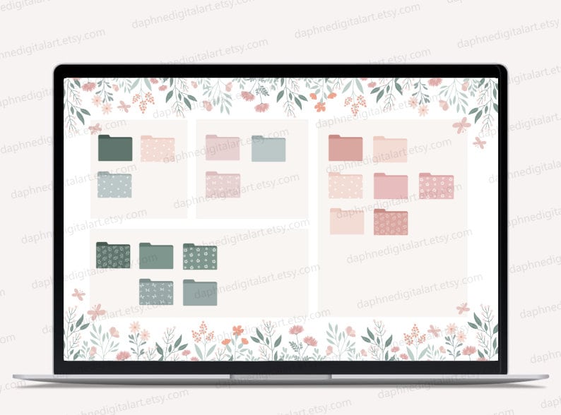 Puede incluir: Un fondo de escritorio digital con un borde floral y un conjunto de iconos de carpetas en varios colores y patrones. Los iconos de carpetas son en tonos de rosa, verde y azul.