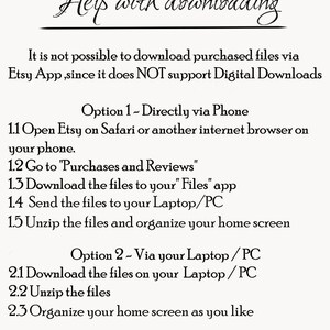May include: A text-based guide on how to download purchased files from Etsy. The guide explains that Etsy's app does not support digital downloads and provides two options for downloading files: directly via phone or via a laptop/PC.