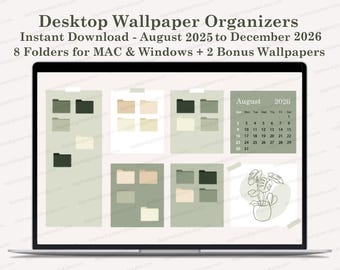 Desktop Wallpaper Organizer 2026 Calendar + Desktop Folder Icons for Mac & Windows, Desktop Wallpaper, Digital Calendar Green Aesthetic