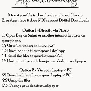 May include: A cream-colored informational graphic with the title "Help with downloading" in elegant script. The text explains how to download files purchased on Etsy, including steps for phone and laptop/PC.