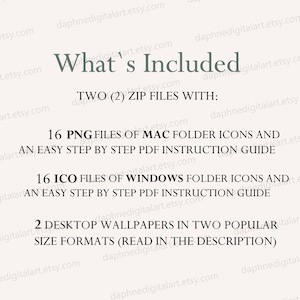 Puede incluir: Un gr&aacute;fico de texto en blanco y negro sobre un fondo blanco que dice "What's Included" con la siguiente informaci&oacute;n: "Dos (2) archivos ZIP con: 16 archivos PNG de iconos de carpetas MAC y una gu&iacute;a de instrucciones PDF f&aacute;cil paso a paso. 16 archivos ICO de iconos de carpetas WINDOWS y una gu&iacute;a de instrucciones PDF f&aacute;cil paso a paso. 2 fondos de escritorio en dos formatos de tama&ntilde;o populares (lea la descripci&oacute;n)"
