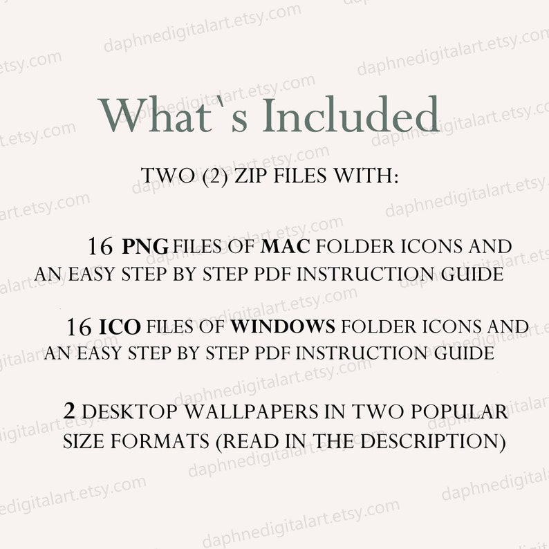 Puede incluir: Un gr&aacute;fico de texto en blanco y negro sobre un fondo blanco que dice "What's Included" con la siguiente informaci&oacute;n: "Dos (2) archivos ZIP con: 16 archivos PNG de iconos de carpetas MAC y una gu&iacute;a de instrucciones PDF f&aacute;cil paso a paso. 16 archivos ICO de iconos de carpetas WINDOWS y una gu&iacute;a de instrucciones PDF f&aacute;cil paso a paso. 2 fondos de escritorio en dos formatos de tama&ntilde;o populares (lea la descripci&oacute;n)"