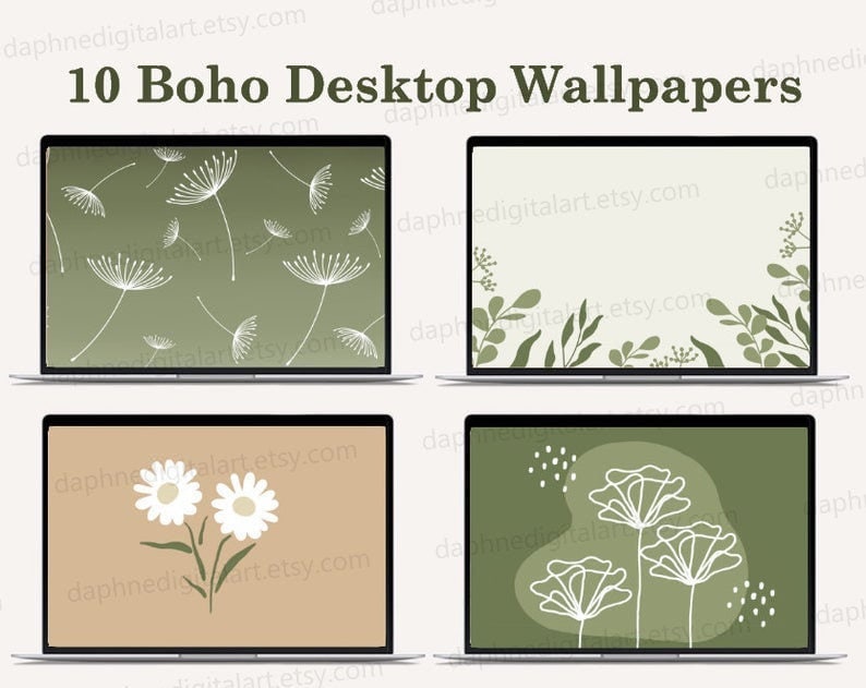May include: Set of 10 digital desktop wallpapers featuring a boho aesthetic with green and white floral designs. The designs include dandelions, leaves, and abstract flowers.