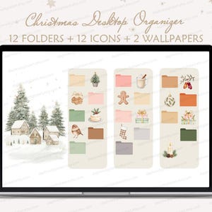 May include: A laptop screen displays a Christmas desktop organizer. The screen shows 12 folders, 12 icons, and 2 wallpapers with festive illustrations. The background features a snowy landscape with houses and trees.