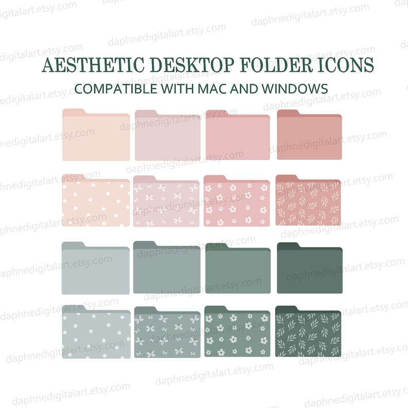 Puede incluir: Doce iconos de carpeta digital dispuestos en una cuadr&iacute;cula. Los iconos est&aacute;n en dos esquemas de color: rosa y verde. Cada esquema de color tiene seis iconos: un color s&oacute;lido, un patr&oacute;n de lunares, un patr&oacute;n floral, un patr&oacute;n de peque&ntilde;as cruces, un patr&oacute;n de peque&ntilde;as flores y un patr&oacute;n de peque&ntilde;as hojas.