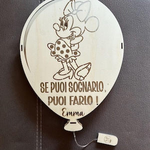 Personalized Wooden Balloon LED Lamp – With Phrase and Name – Night Light for Children, Bedroom, Birth Gift Minnie Disney