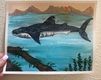 Original Forest Whale Shark Watercolor Painting