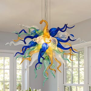 Murano Style Blown Glass Chandelier Blue Amber Green And Clear D32&quot;XH20&quot;