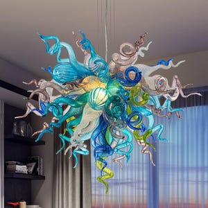 Multi Colors Murano Type Blown Glass Chandelier Blue Green Violet And White D36&quot;XH32&quot;
