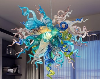 Multi Colors Murano Type Blown Glass Chandelier Blue Green Violet And White D36&quot;XH32&quot;
